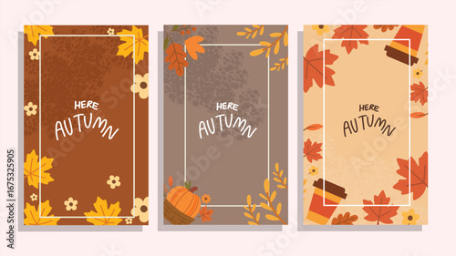 Autumn frame designs with leaves pumpkins and warm backgrounds
