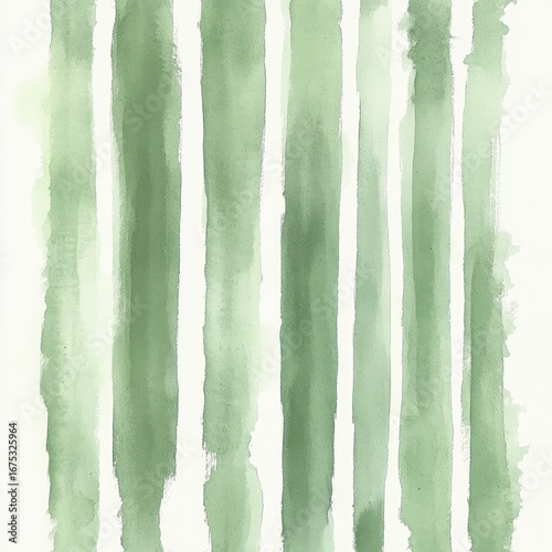 Abstract vertical green watercolor stripes of varying widths on white background creating a soft, natural texture and calming effect