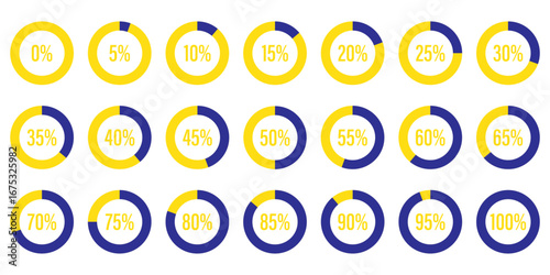 Set of round orange infographic pie charts, template segment of circle icons 0% - 100%, simple flat design loading data interface elements app button ui ux web, vector isolated on white background