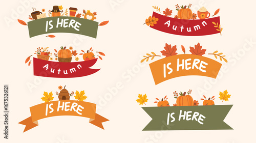 Autumn ribbon banners with pumpkins leaves and thanksgiving style