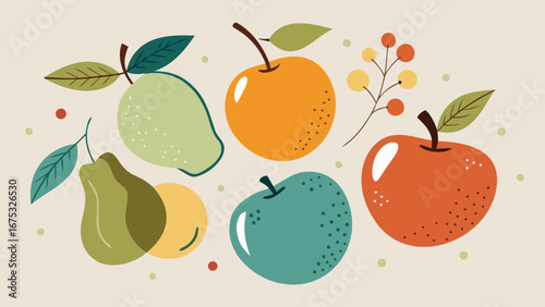 Stylized flat illustration of assorted apples and pears with leaves and berries on light background
