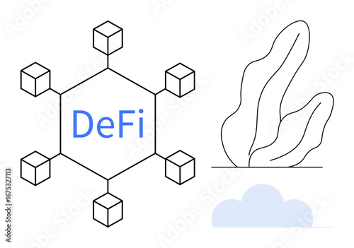 Hexagonal blockchain network labeled DeFi connecting cubes on one side, abstract plant, cloud graphic on the other. Ideal for fintech, blockchain, DeFi, cryptocurrency, innovation, technology simple