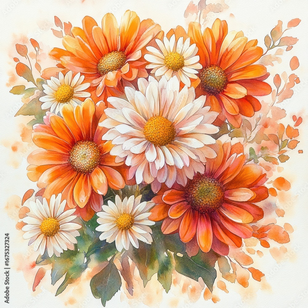 Fototapeta premium A vibrant bouquet of orange and white daisies with lush green leaves in a watercolor style, evoking warmth and natural beauty