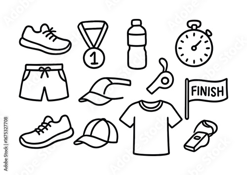 Running gear icons: shoes, medal, stopwatch, water bottle, whistle, finish line flag