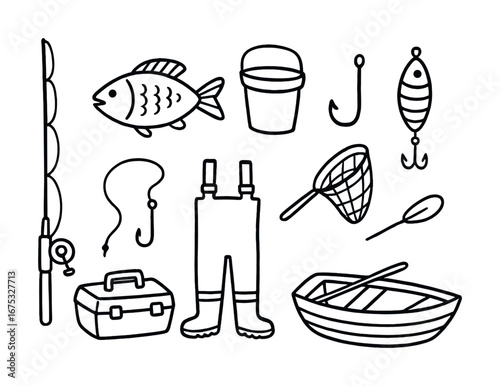 Fishing gear outline with rod, fish, hooks, lures, bucket, net, boat, tackle box, waders