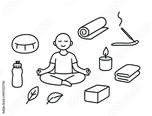 Mindful meditation setup with cartoon male character and yoga accessories