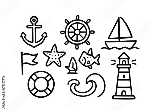 Nautical icons: anchor, wheel, sailboat, lighthouse, flag, waves, starfish, fish, lifebuoy
