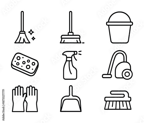Cleaning tool icons: mop, bucket, sponge, spray bottle, vacuum, gloves, dustpan, brush