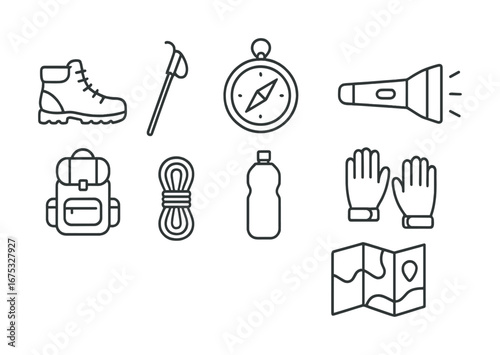 Camping and hiking essentials: boots, backpack, compass, water, flashlight, gloves, map