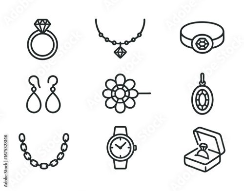 Outline of jewelry icons including rings, necklaces, earrings, and watch