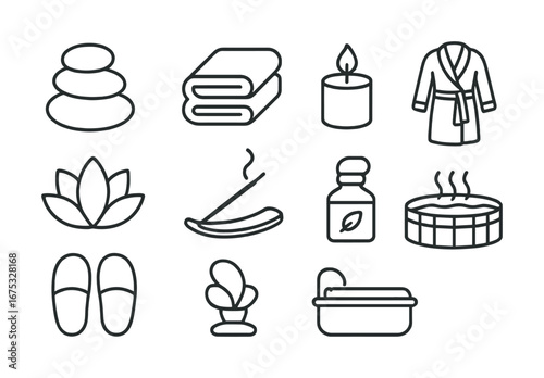 Spa essentials icons set featuring candle, lotus, and hot tub