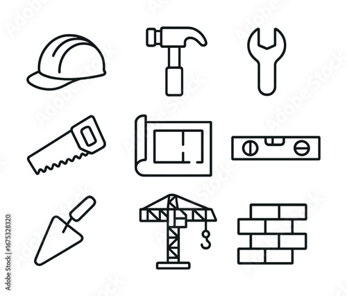 Outline construction tools: hard hat, hammer, wrench, saw, blueprint, level, trowel, crane, bricks