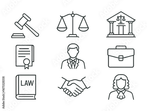 Legal icons set with gavel, scales of justice, courthouse, lawyer, and briefcase