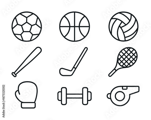 Outline icons of sports equipment: soccer, basketball, volleyball, and more