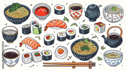 Hand drawn Japanese sushi and ramen set with chopsticks, soy sauce, wasabi, and tea in vector flat illustration.