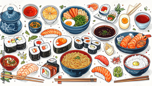 Hand drawn Japanese sushi and ramen set with chopsticks, soy sauce, wasabi, and tea in vector flat illustration.
