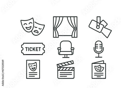 Theater icons: comedy tragedy masks, curtains, tickets, seats, microphone, playbill