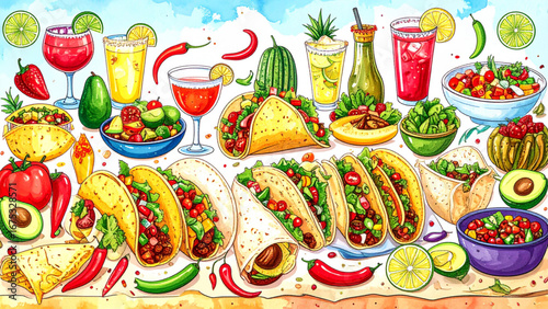 Colorful hand drawn Mexican food collection featuring tacos, burritos, chili peppers, avocados, and margarita drinks