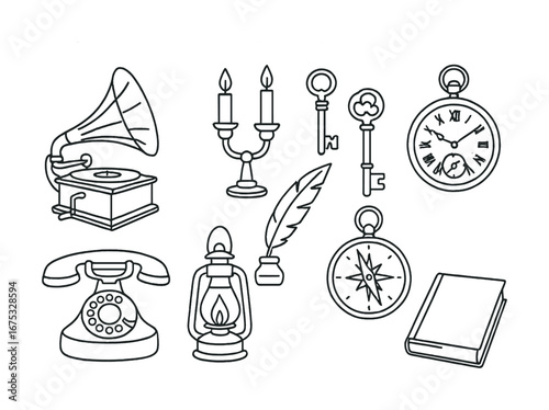 Vintage objects: gramophone, candlestick, keys, pocket watch, quill, compass, telephone, lantern, book