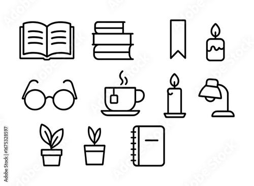 Collection of book, coffee, lamp, and candle outline icons