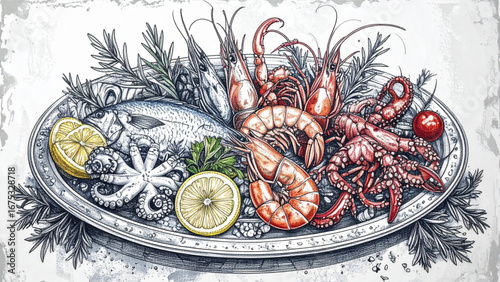 Hand drawn Mediterranean seafood platter with shrimp, fish, octopus, lemon, and herbs.