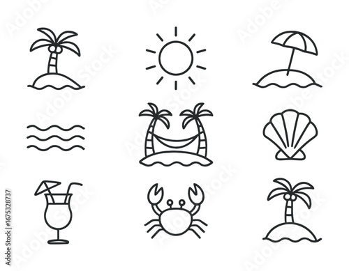 Minimalist beach icons: palm trees, sun, waves, shell, crab, drink umbrella art