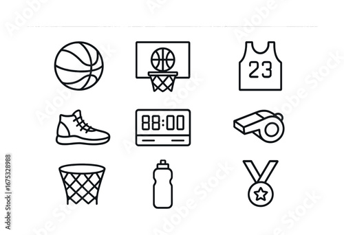 Basketball icons: ball, hoop, jersey, shoe, scoreboard, whistle, basket, bottle, medal