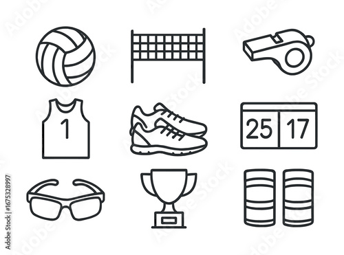 Volleyball equipment icons: ball, net, whistle, shoes, scoreboard, jersey, glasses, trophy, pads