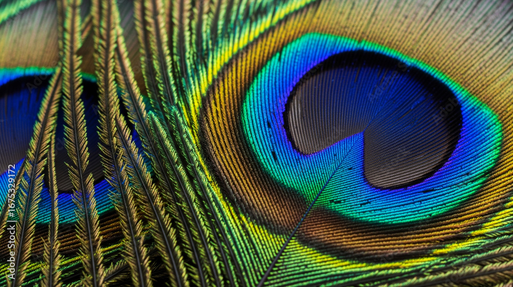 Obraz premium Close-Up of Vibrant Peacock Feathers - Intricate Eye Detail, Macro Photography