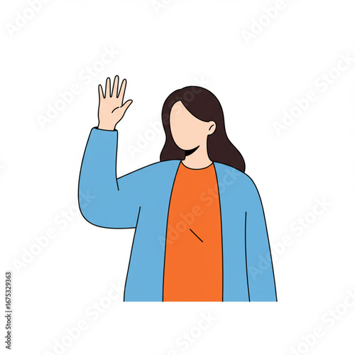 A friendly woman waving hello with a cheerful greeting, conveying a warm welcome and positive interaction