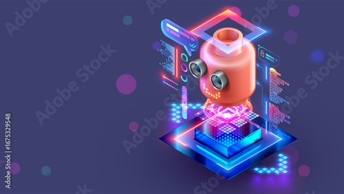 Teaching children AI or artificial intelligence and neural networks. AI in the form of a virtual robot. Children learn how to create an AI bot on. Education of neural networks and AI for children.