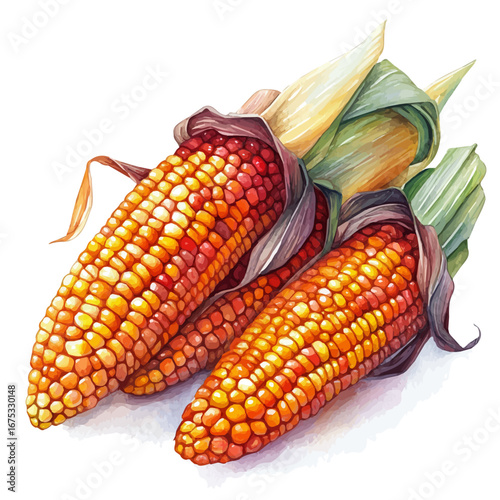 Harvest Corn Stalks, watercolor illustration vector, isolated on a white background.
