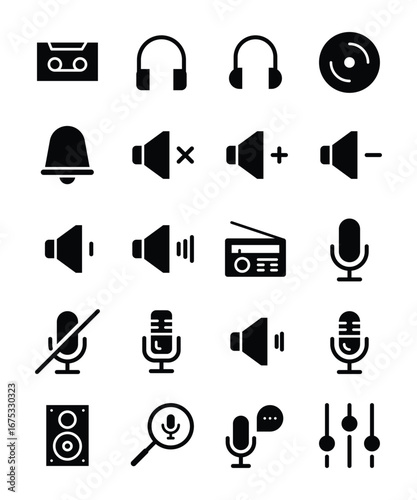 Audio icons showing headphones, cassette, vinyl record, and volume controls