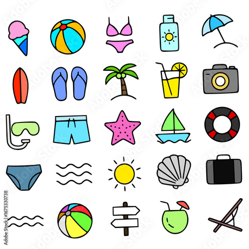Icon pack, icon sheet, beach heme, outline and colored version, transparent background PNG
