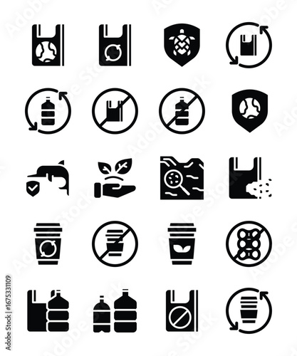 Recycling plastic bottles and cups, reducing plastic bags usage, protecting marine life and environment