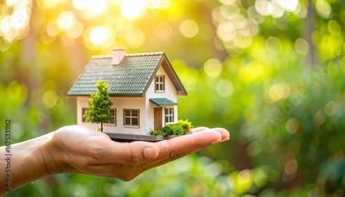 Hand holding house model in green outdoor setting