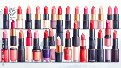 Hand drawn vector illustration of assorted lipstick shades with swatches, cosmetic collection flat design.