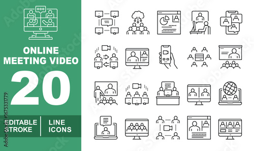 Online Meeting Video line icon set. Exclusive Online Meeting Video line icon collection. Containing diagram, cloud, chart, desk, group, sync, monitor, phone, seminar, teacher. Editable stroke