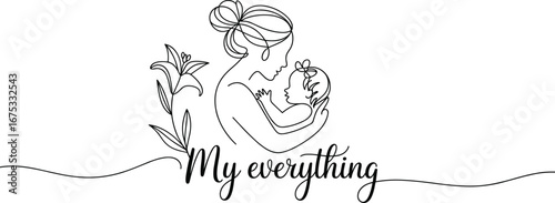 Mother and baby line art illustration, family love drawing, motherhood design, newborn care, mom hugging child, maternal affection vector