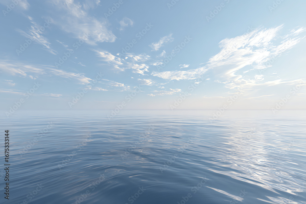 Fototapeta premium Calm ocean water under a blue sky with scattered clouds at horizon.
