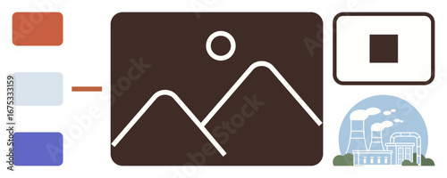 Photo frame featuring mountains and sun, color palette swatches, factory illustration with smoke. Ideal for environment, energy, pollution, industry, creativity design sustainability. Simple flat