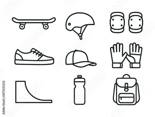 Essential skateboarding gear icons: helmet, skateboard, shoes, pads, gloves, ramp, bottle, backpack