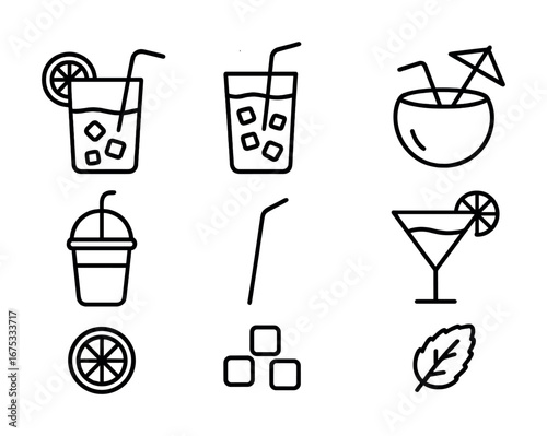 Outline icons of refreshing drinks and ingredients with straws and garnishes