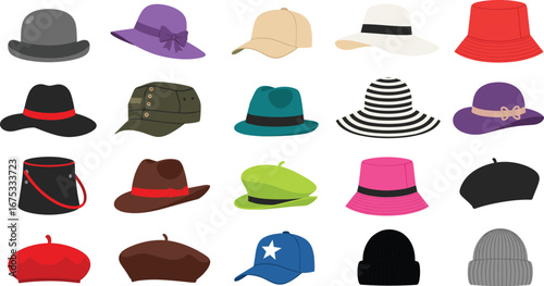 Colorful vector illustration collection of various stylish hats for men and women, showcasing fashion diversity and headwear design styles.