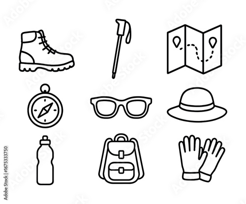 Essential hiking gear icons: boots, pole, map, compass, sunglasses, hat, bottle, backpack, gloves