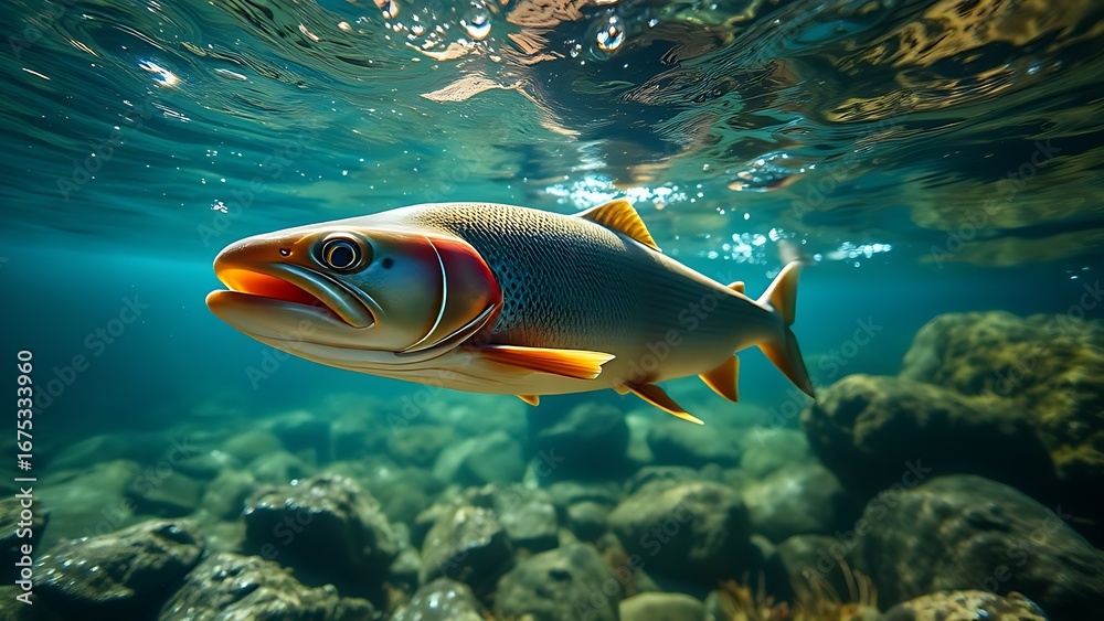 Naklejka premium Trout gliding through a clear mountain stream, sunlight creating patterns in the blue-green water.