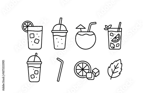 Outline icons of refreshing beverages with fruits and ice cubes