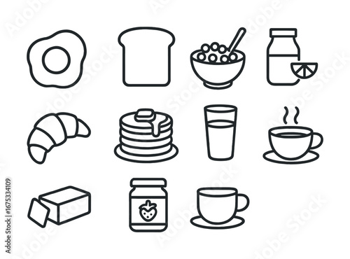 Breakfast icons: egg, toast, cereal, croissant, pancakes, juice, coffee, butter, jam