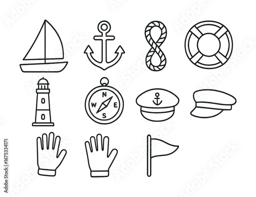 Simple nautical icons featuring boat, anchor, compass, lighthouse, and lifebuoy