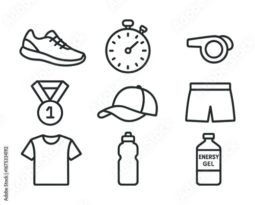Running essentials: shoes, stopwatch, whistle, medal, cap, shorts, t-shirt, bottle, energy gel